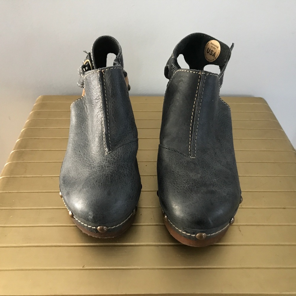Gray blue leather clogs